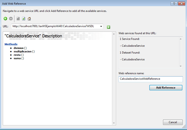 Se rellena la URL con el WSDL y automáticamente detecta las operaciones del Web Service. Click en el botón Add Reference.